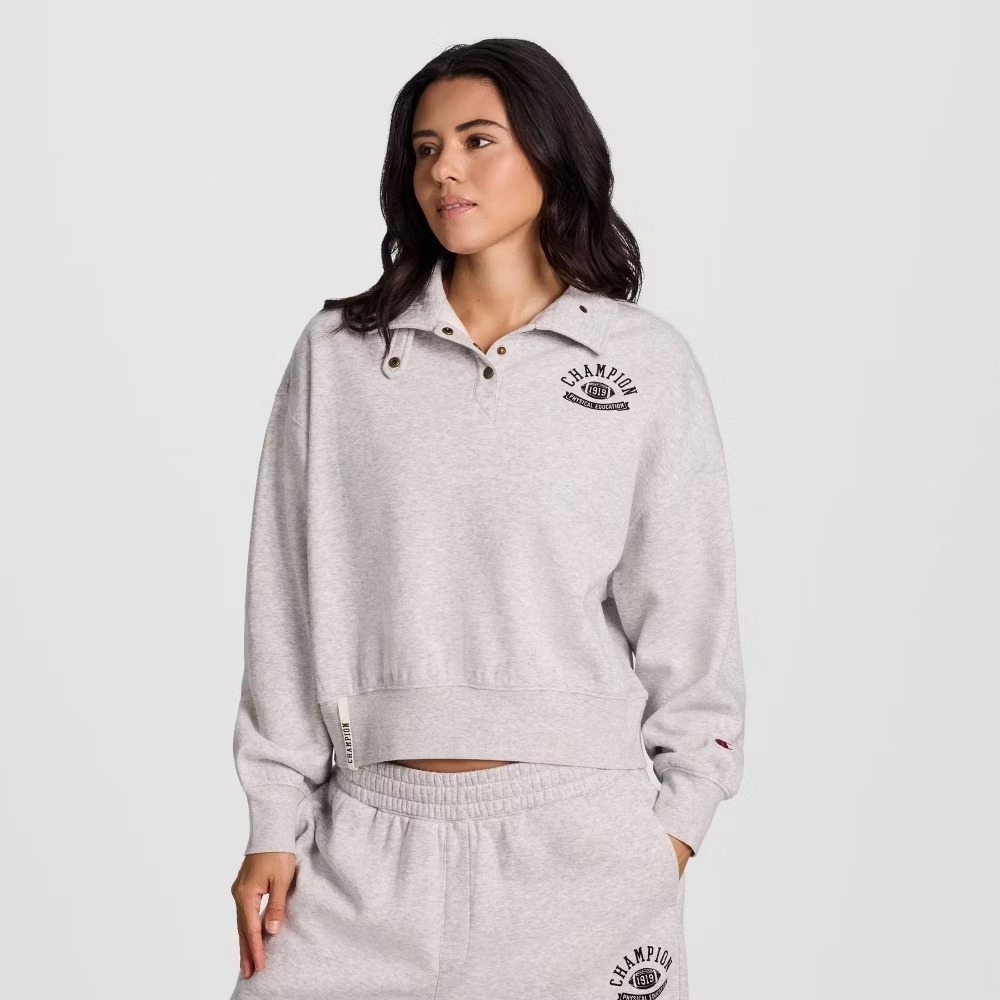 Women's Champion 1/4 Snap Cropped Fleece Pullover Gray Size M New With Tags